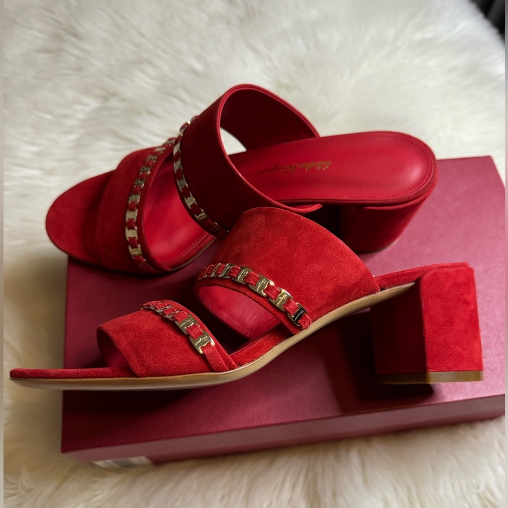Salvatore Ferragamo Shoes | New Trabia Red Sandals Slip On Chain Link Us8.5| Red